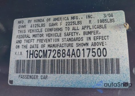 2004 Honda Accord 2.4 Ex from USA, damaged, VIN 1HGCM72684A017500